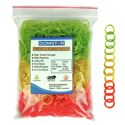 DOMSTAR Premium Fluorescent Nylon Rubber Bands with Zipper Pouch(0.5inch,100gm,1400pcs) - Elastic Bands for Office, School and Home