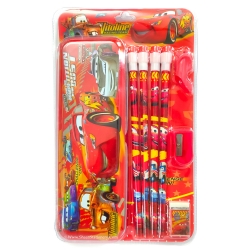 Cars Metal Pencil Box with Pencil Eraser, Sharpener and Pencil Grip | Gift Pack