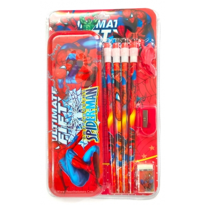 Spider Man Metal Pencil Box with Pencil Eraser, Sharpener and Pencil Grip | Gift Pack