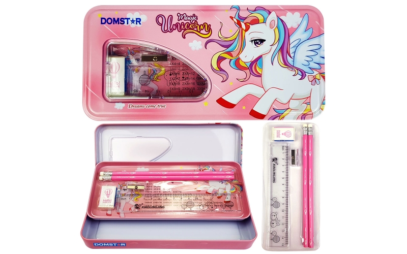 DOMSTAR Unicorn Metal Pencil Box with Dual Compartment - D0001 - Durable, Compact & Adorable Pen and Pencil Holder for School Kids