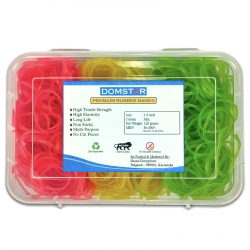 DOMSTAR Premium Fluorescent Nylon Rubber Bands in Transparent Plastic Box (1.5inch, 120gm, 720pcs) for Office and Home