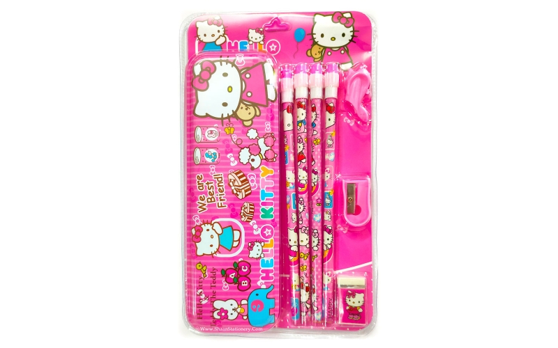Hello Kitty Metal Pencil Box with Pencil Eraser, Sharpener and Pencil Grip | Gift Pack